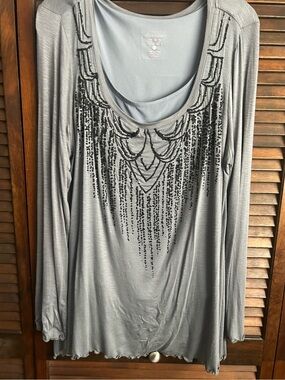 Miraclesuit Silver-Gray Long Sleeve Top with Black Beaded Front